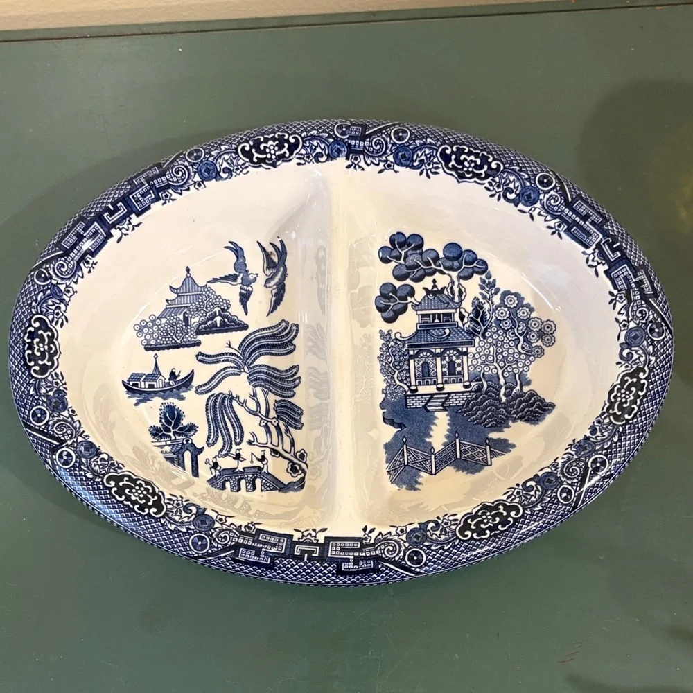 Churchill Staffordshire England Blue Willow Divided Ceramic Serving Dish.